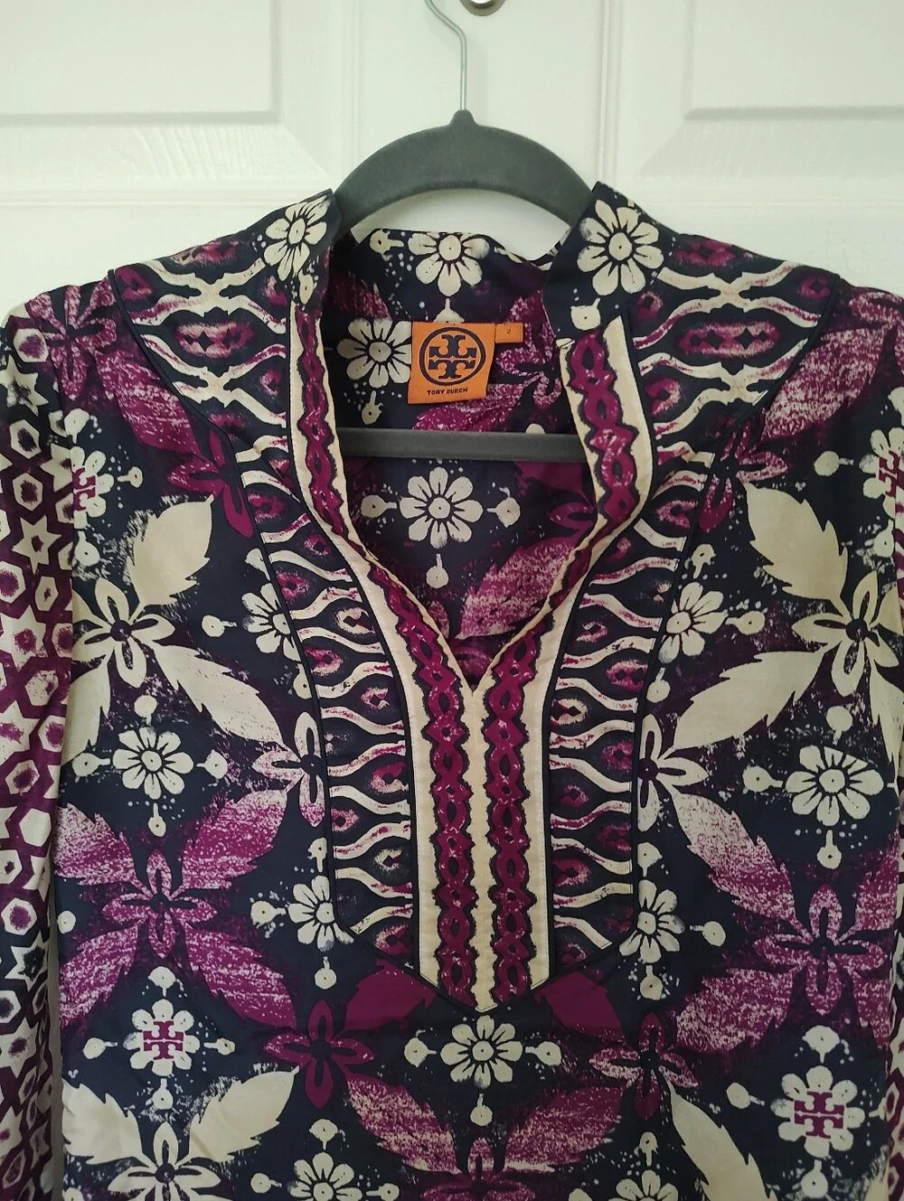 Tory Burch Silk V-Neck Ikat Tunic Top Size 2